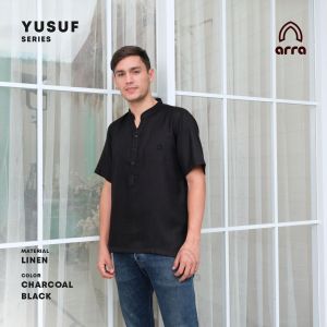 Baju Kemeja Laki Laki Muslim Katun linen Depan Kancing Lengan Pendek Koko Yusuf Titanium Grey