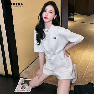 ELF TRIBE Bộ đồ đồ thể thao giản dị áo thun & quần đùi quần soóc rộng tay cho nữ 2 bộ chi tiết