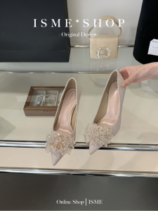 French Drill Wedding Shoes High Heel Single Flower Design Sensation Versatile Autumn Spring Fashionable Low Rubber Outsole