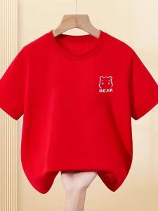 Girls Short Sleeve T-Shirt Pure Cotton Half Sleeve Red Festive Top Childrens Casual Loose Fit Spring Summer Autumn Wear