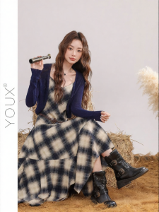 YOUXIANG | Bộ 2 Món Áo Cardigan và Đầm Halter Caro Cho Phụ Nữ