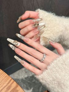 Ins Nude Gold Sparkling Champagne Cat Eye Butterfly Diamond Fairy Tale White Pure Handmade Wearable Nail Art False Nails