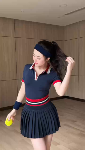 Set đồ nữ tập gym pickleball tennis cầu lông áo cổ trụ dệt chân váy xếp ly có lót đùi bảo hộ cao cấp BINSPORTS BN218