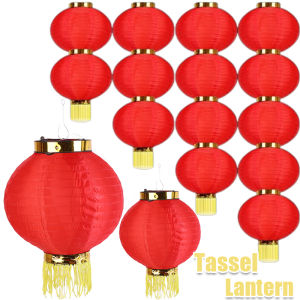 5 ชิ้น โคมไฟจีนสีแดงกันน้ำ / 8/10/12 นิ้ว โคมไฟผ้านำโชคขนาด พร้อมพู่ / โคมไฟผ้าไหมสีแดงพับได้สำหรับตกแต่งเทศกาลฤดูใบไม้ผลิ / สำหรับตกแต่งบ้าน