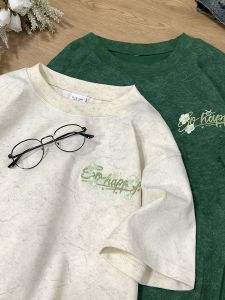 Áo Thun Tay Ngắn Minette Ice Silk Thêu Mùa Hè Cho Nữ Áo Thun Cotton Polyester Thường Ngày Dáng Rộng Cổ Tròn