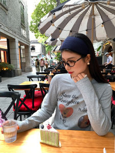 Slim Fit Long Sleeve Grey T-Shirt Womens Base Shirt Outerwear Commute Korean Style Printed Cotton Short Length Top