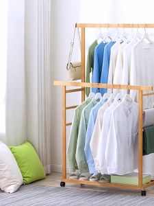 Rak kot dua rod Bamboo Clothes Rack Bamboo Hanger with Wheels Double Rod Hanger Hanger Coat Hanger双杆衣帽架