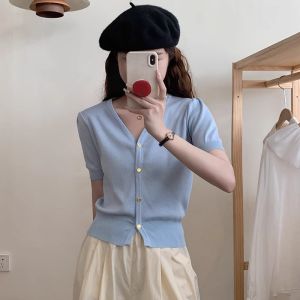 PEIXI | French Blue V-Neck Short Sleeve Lightweight Short Knitted Top
