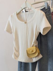 French Folded Short Sleeve T-Shirt Women Summer plus Size Slimming Waist Chiffon Top Belly Concealing Meat Covering