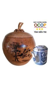 Bình ủ trà gỗ dừa cao cấp khắc chữ Cát tường / Tùy chọn bình trà 05 - 08 - 13 - 20 lít / Giữ ấm 3 - 5 giờ / Hàng đạt OCOP 3 sao tỉnh Bến Tre năm 2023 / Sản phẩm mỹ nghệ dùng làm quà đặc trưng xứ dừa Bến Tre