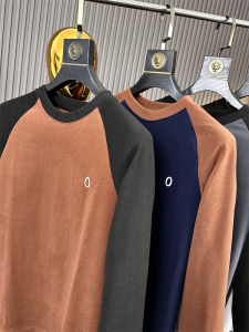 Finn อัพเกรดขนแกะสองด้าน: ฤดูใบไม้ร่วงฤดูหนาว Contrast สี Spliced เสื้อกันหนาวไหล่ Roundneck เสื้อยืดสําหรับชายหลวม Fit