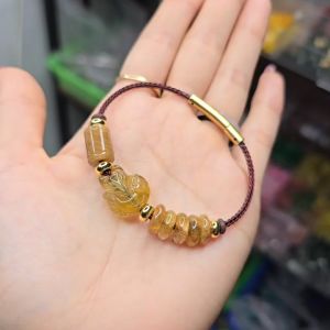 Q890 Vòng lu thống ngũ điếu hồ ly Thạch Anh Tóc Vàng dây cáp khóa bấm loại tốt cho Thổ và Kim - Phong Thuỷ TUDO P