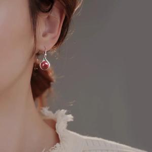 Red Agate Pearl Earrings Womens Style Ice Jade Drop Earrings Lucky Year Earrings Fashionable Ethnic Style Alloy Gold Plated