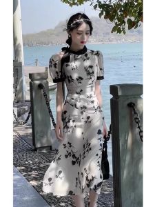 Fashionable Summer New Arrival Womens Dress Elegant French Design Improved Cheongsam Watercolor Print High Waist A-Line Skirt