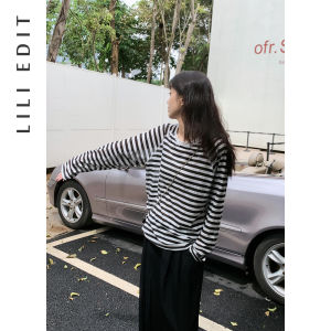 Lili Edit Basic ลายทาง เสื้อยืดกันแดด ผู้หญิง ฤดูร้อน ใหม่ คอกลม ไหล่แทรก แขนยาวบาง เสื้อท่อนบน หลวม ประเภท Lyocell Fiber