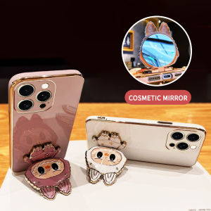 VRQR Labubu Casing for Iphone 11 12 13 14 Pro Max 15 16 Pro Max 14 Plus 15 16 Plus 12 13 Mini Rotating Bracket with Mirror Soft Shell