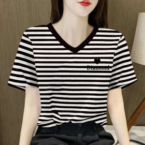Loose Fit Pure Cotton Striped V-Neck Short Sleeve T-Shirt Womens Fashionable Versatile Slimming Heart-Shaped Neck Top Trendy