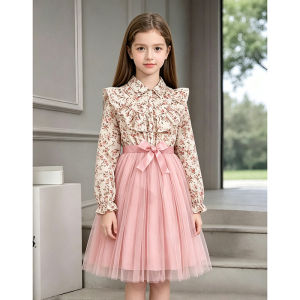 Girls Peasant Style Dress 8-12 Years Floral Print Lapel Pink Mesh Hem Sweet Elegant Spring Summer Dress