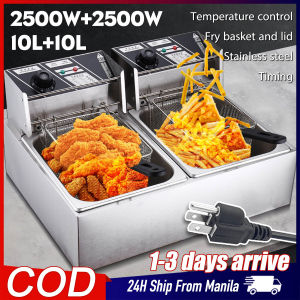 20L Electric Deep Fryer Heavy Duty Double Stainless Steel Frying Machine with Basket and Lid Fries Deep Fryer Fried Chicken Temperature Control and Timing