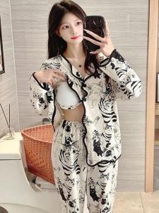 Womens Sleepwear Long Sleeve Home Clothes Set with Built-in Chest Pad Can Be Worn outside Sweet Style Air Conditioner Suit