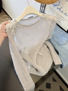 French Heavyweight Hollow out Knitted Long Sleeve Top Womens Slim Fit Trendy Hole Design Autumn Self Preservation Style