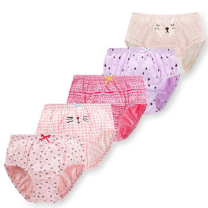 5Pcs/Pack Girls Cotton Panties Cute Kitty Striped Plaid Children Triangle Underwear Comfortable Breathable Schoolgirl Underpants