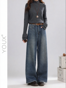 YOUXIANG | Quần Jeans Cao Waisted Phong Cách Retrò Mùa Đông Chống Lạnh Form Rộng