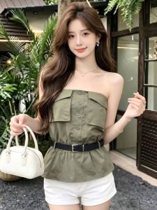 GUZILIAN | Áo Crop Top Hở Vai Phong Cách Retro