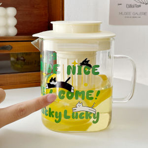 Large Capacity Glass Cold Water Pot with Tea Cup Cartoon Flower Design Womens Favorite High Aesthetic Square Tea Brewing Cup