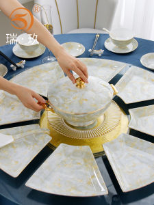 Elegant European Style Bone China Dinnerware Set Fan Shaped Plate Combination Handmade Gold Rimmed Daily Use Gift Item