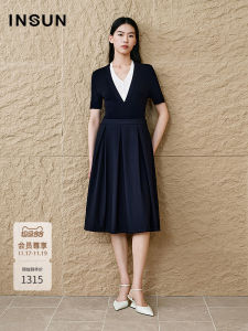Insun Autumn 2025 High Elasticity Knitted over Knee Pleated Skirt Color Block Commute Simple Style Five Sleeve mid Length Dress