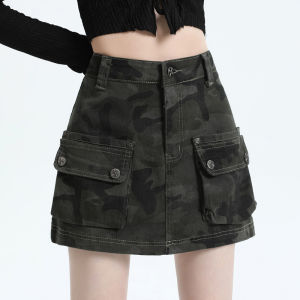 QIAOMIDUO | Váy ngắn denim chữ A cạp cao mùa hè cho nữ Váy công sở ôm sát Thiết kế độc đáo cao cấp Váy ngắn cotton polyester