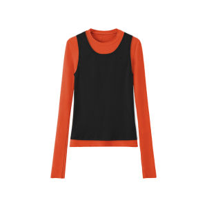 Loala Office Layered Color Block Slim Fit Vest Long Sleeve T-Shirt Two-Piece Set Casual Style Womens Cotton Blend Springwear