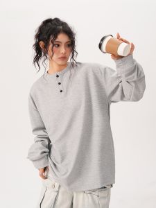 Bwka American-Style Gray Henry Collar Long Sleeves T-shirt Female Male 2024 Autumn Fashion Brand Loose Waffle Inner Wear Sweatshirt