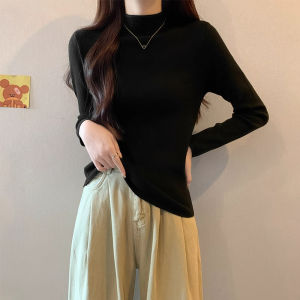 Blue Thickened Long Sleeve Half High Collar Integrated Fleece Knitted Sweater Womens Autumn Winter Inner Wear Base Layer Top