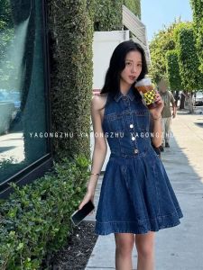 Jisoo High Waist Sleeveless Backless Polo Neck Denim Dress YAGONGZHU Commute Style Summer Casual Single Button Other