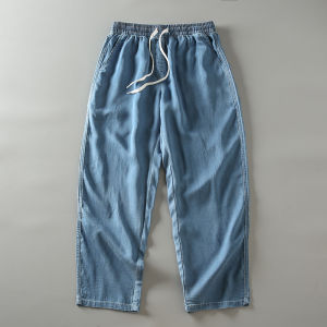 Summer New Mens Casual Cotton Jeans Loose Fit Elastic Waist Straight Leg Nine-Piece Breathable Comfortable Loose Hanging