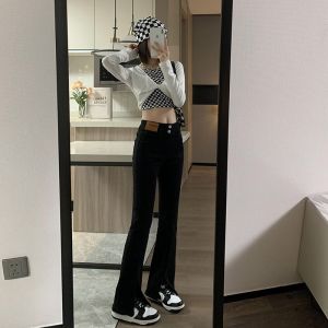 High Waist Bell Bottom Jeans Womens Spring Autumn Tall Slimming Long Split Floor Length Jeans for Short Women 145cm