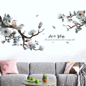 Decal dán tường hoa chim nghệ thuật Có keo sẵn Tranh trí phòng khách phong cách hiện đại sang trọng