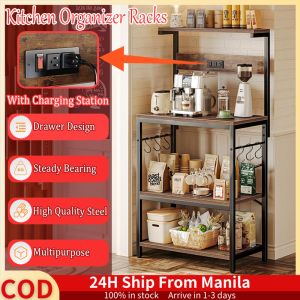 Kitchen Storage Rack Organizer With Charging Station 4 Layers Kitchen Racks Organizer Heavy Duty Coffee Bar Table Plant Display Rack For Garden Space Saver Kitchen Microwave Stand With 6 S-Shaped Hooks For Home Office Warehouse