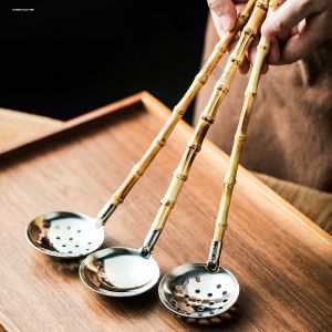 Sturdy Bamboo Handle Soup Spoon for Cooking And Drinking Soup Durable Stainless Steel Strainer Spoon for Home Use
