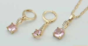 Elegant 18K Gold Plated Gemstone Necklace and Earring Set with Cubic Zirconia Accents