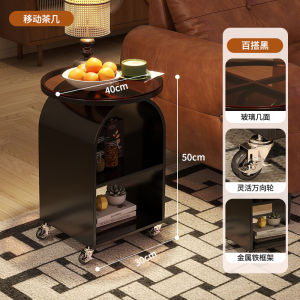 Creative Glass Side Table with Wheels for Living Room Sofa Simple Small round Table for Small Spaces Modern Vintage Style