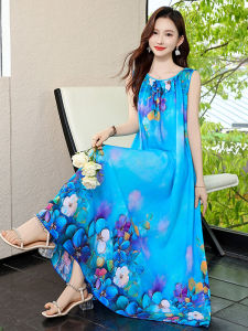 Bohemian High-End Cotton Silk Dress Women Summer Large Size Fashionable Strap Floral Ladies New Beach Skirt Gown Elegant