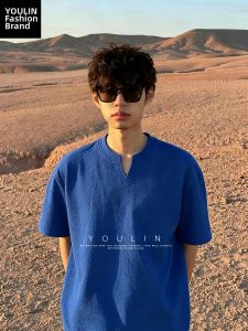 YOULIN | Klein Blue Scale Texture Breathable V-Neck T-Shirt