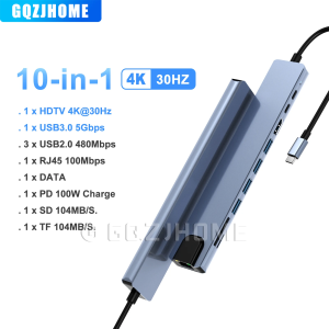 10 in 1 USB C HUB 4K30Hz Docking Station Type C to HDMI-Compatible RJ45 Ethernet PD100W for MacBook iPad Huawei Sumsang Phone