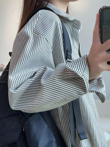 Casual Striped Long Sleeve Polo Neck Mens Shirt College Style Outerwear Couples Top Comfortable Loose Fit Autumn Wear