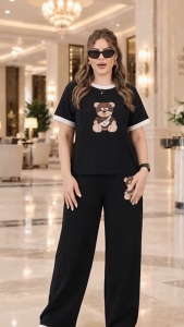 Women Casual T-Shirt and Pants Set Teddy Bear Print Free Size fits large to 2XL Stretch Fabric