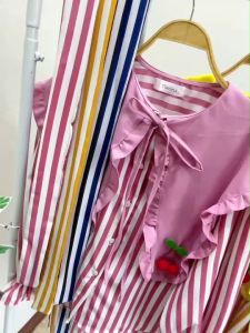 TW22362  set 3 ชิ้น เสื้อ กระดุมหน้าลายริ้วติดอะไหล่เชอร์รี่ + กางเกงขายาวกับสายโบว์