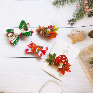 Adorable Christmas Themed Hair Accessories Autumn Atmosphere Maple Leaf Mushroom Cartoon Hair Clips for Children Butterfly Knot Hair Cards
